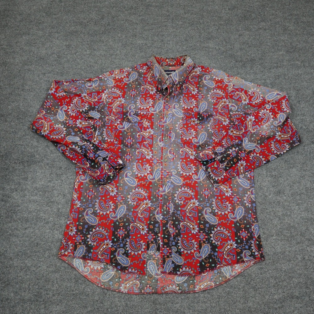 Vintage Wrangler Shirt 17.5 Red Paisley Cowboy Cut Western Button Long Sleeve